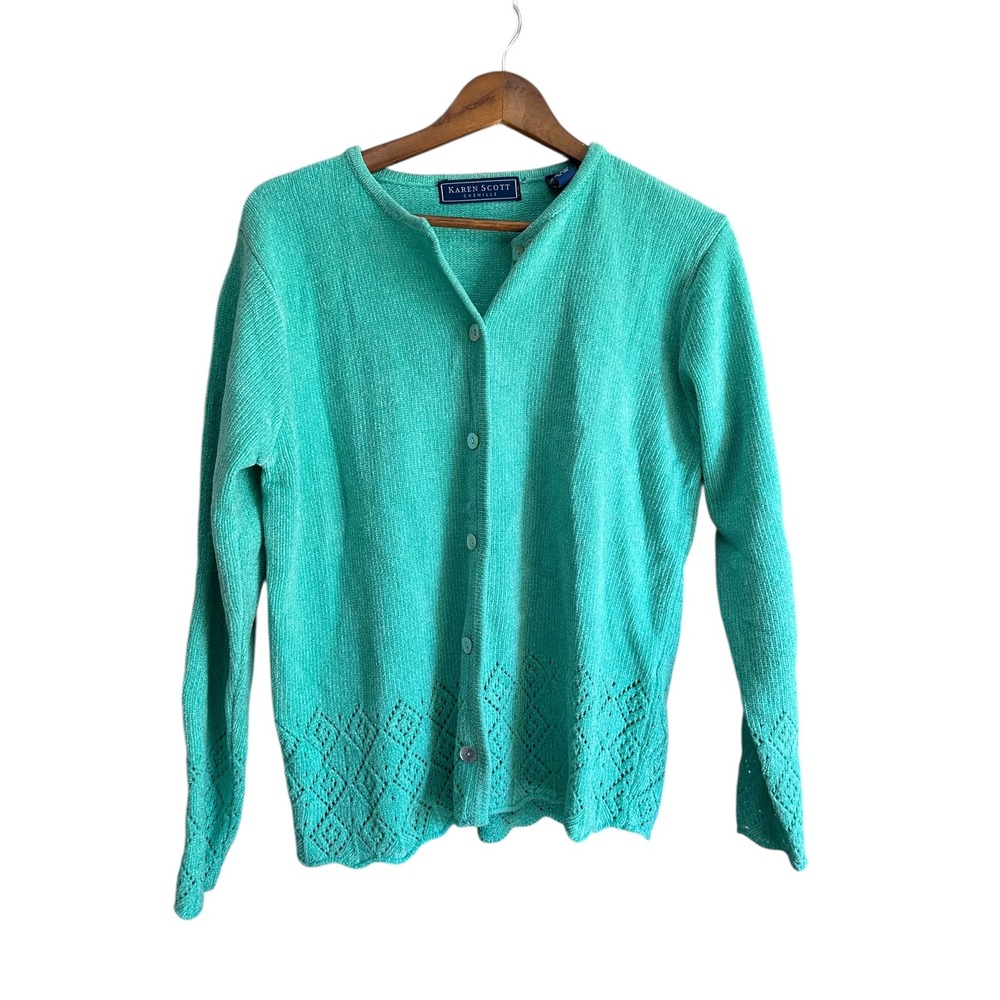 Karen Scott Chenille Cardigan Sweater Mint Green Diamond Lace Knit Button Front